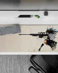 Cream background with black uniform and red tie, gritty intense anime desk pad, 36x16 inches.