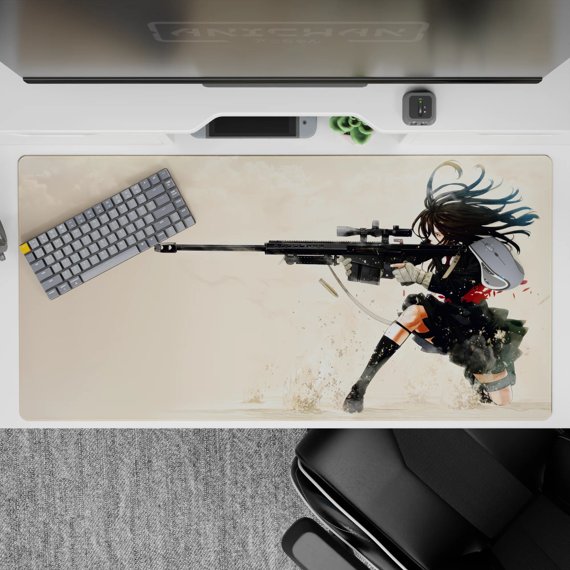Cream background anime desk pad 40x20 inches, gritty ink shadows, dark hair, bold red accent, intense vibe.