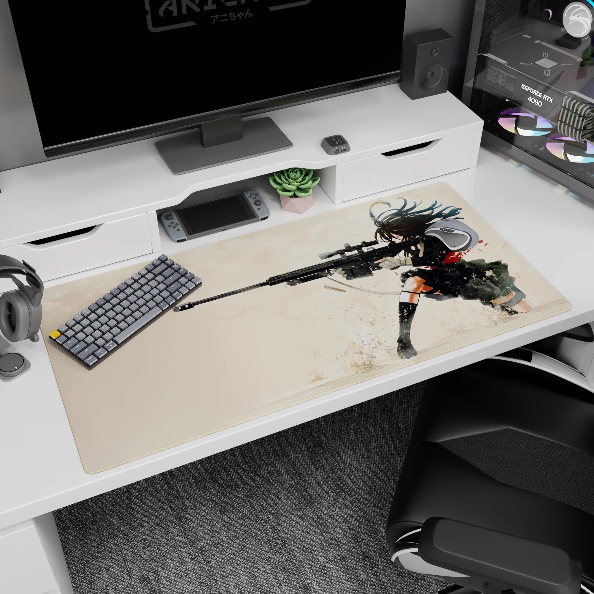 Kneeling anime girl sniper desk pad 40x20 inches, hair whipping, shells flying, dust burst under her boot.