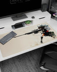 Kneeling anime girl sniper desk pad 40x20 inches, hair whipping, shells flying, dust burst under her boot.