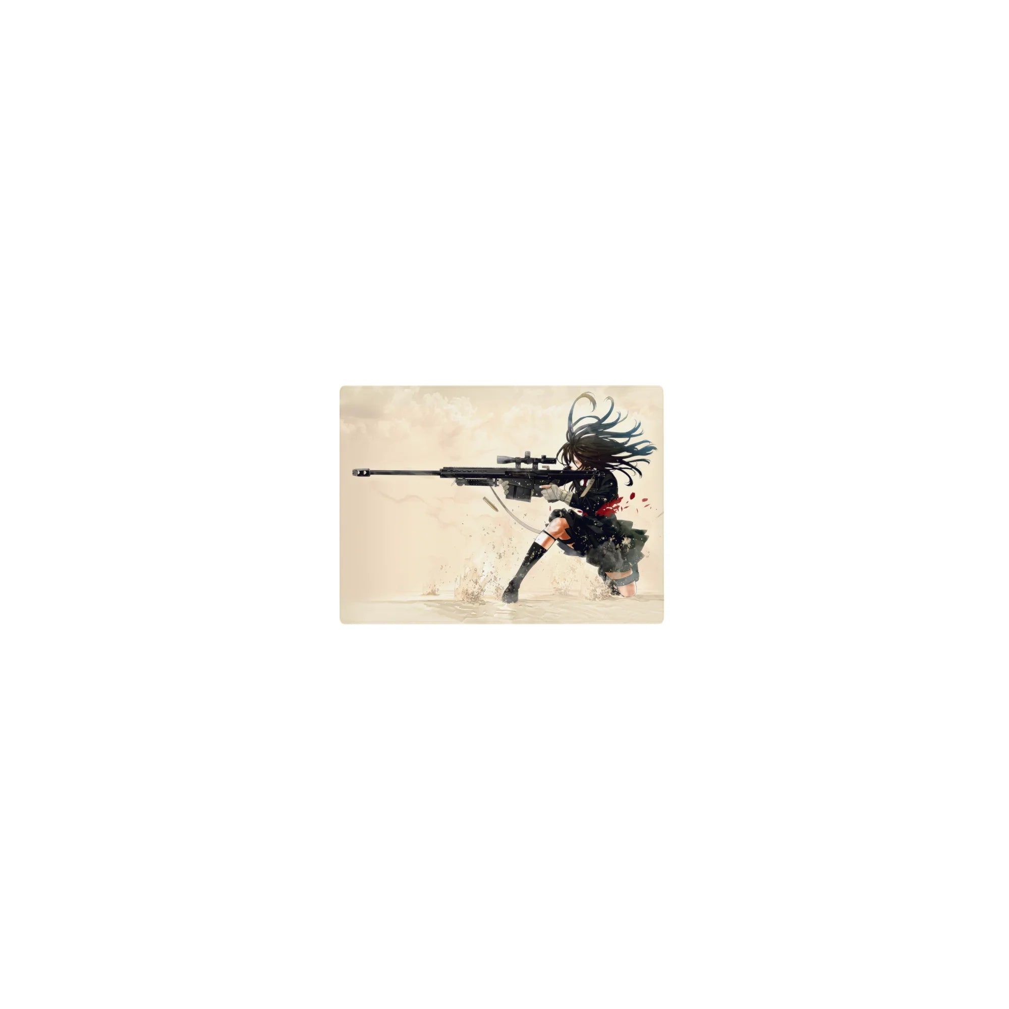 Classic anime girl sniper mouse pad 14x10 inches, kneeling with long rifle, shells and dust on cream bg.