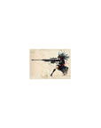 Classic anime girl sniper mouse pad 14x10 inches, kneeling with long rifle, shells and dust on cream bg.