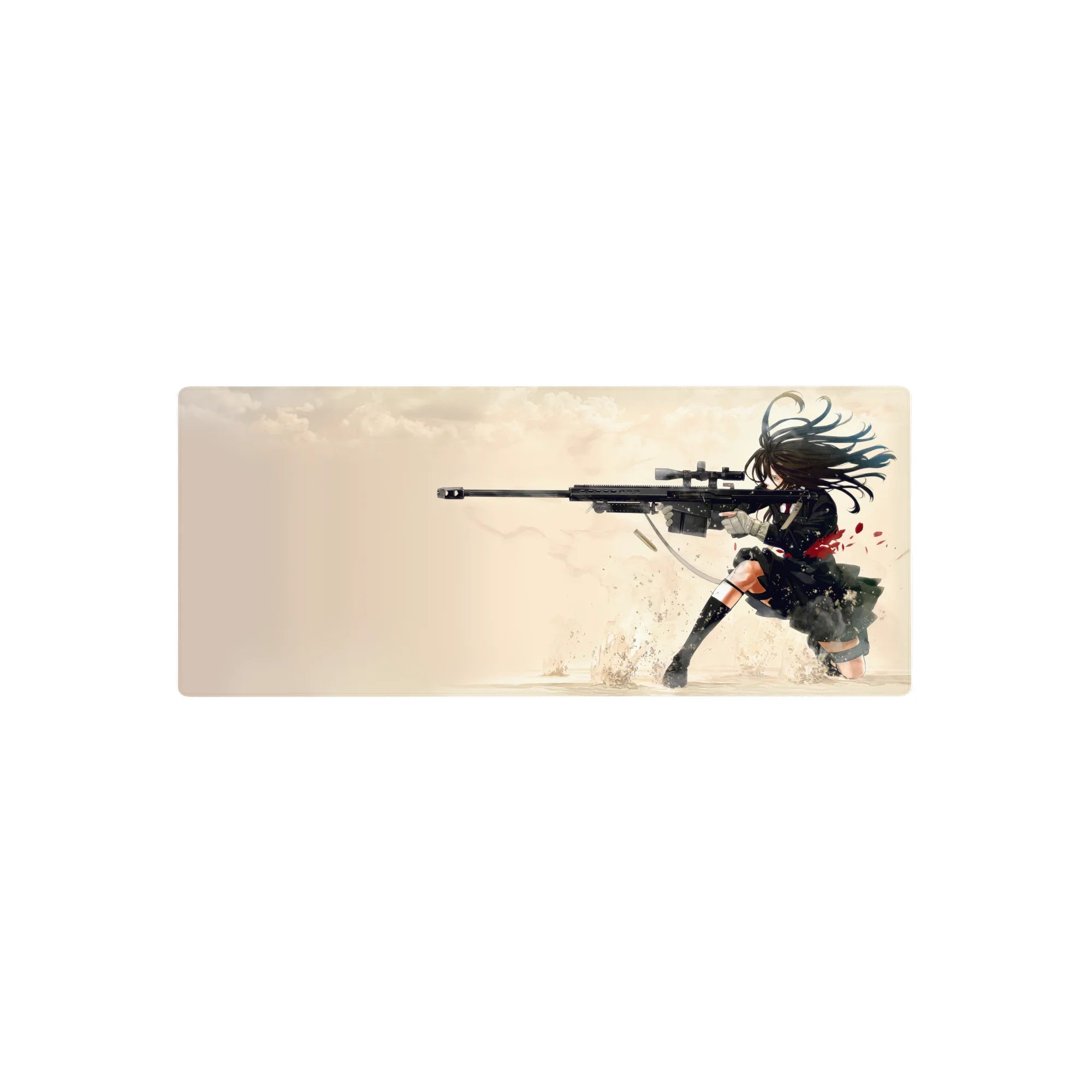 Anime girl sniper desk mouse pad, wind-tossed black uniform and rifle action, 28x12 inches.