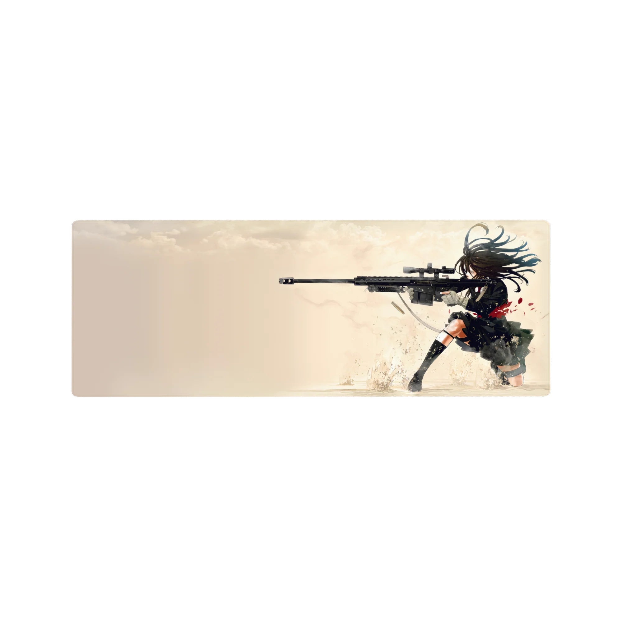 Anime girl sniper desk mouse pad 32x12 inches with kneeling rifle pose, shells, dust, and splatter detail.