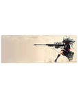 Anime girl sniper desk mouse pad 32x12 inches with kneeling rifle pose, shells, dust, and splatter detail.