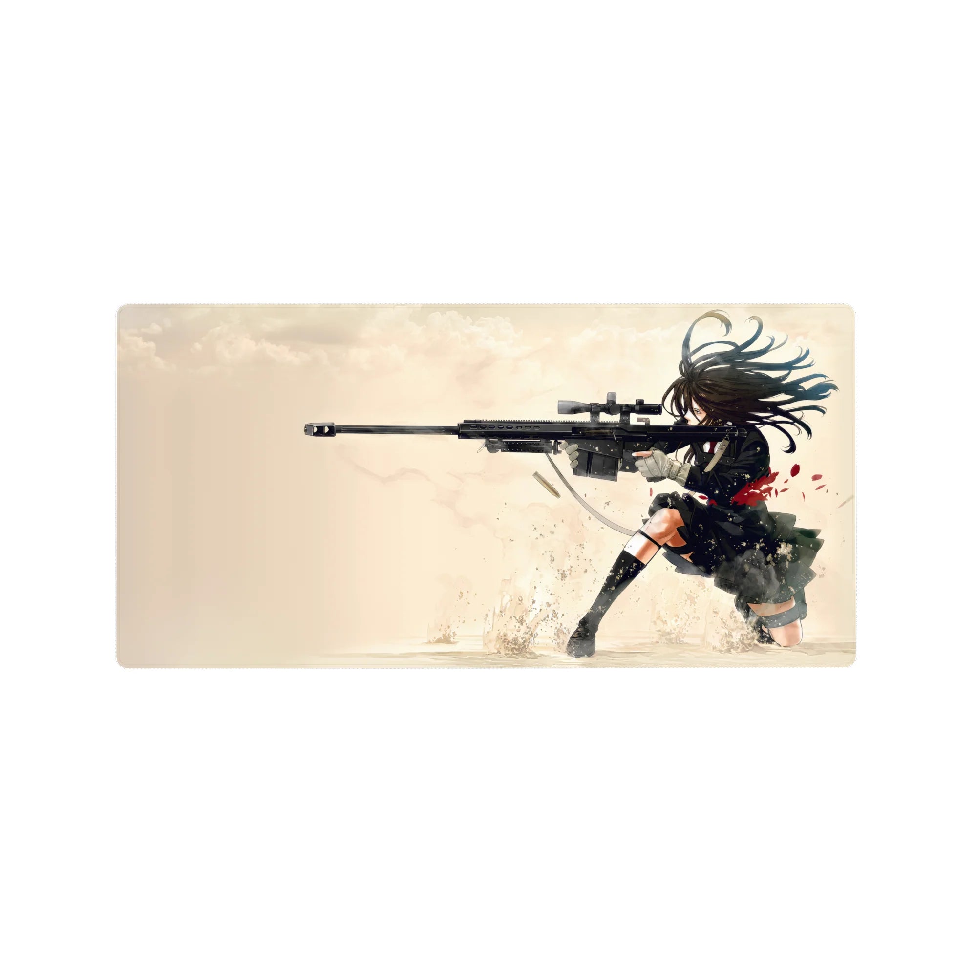 32x16 inches anime girl mouse pad with sniper girl in black uniform, red tie, dynamic rifle action art.