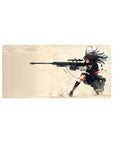 32x16 inches anime girl mouse pad with sniper girl in black uniform, red tie, dynamic rifle action art.