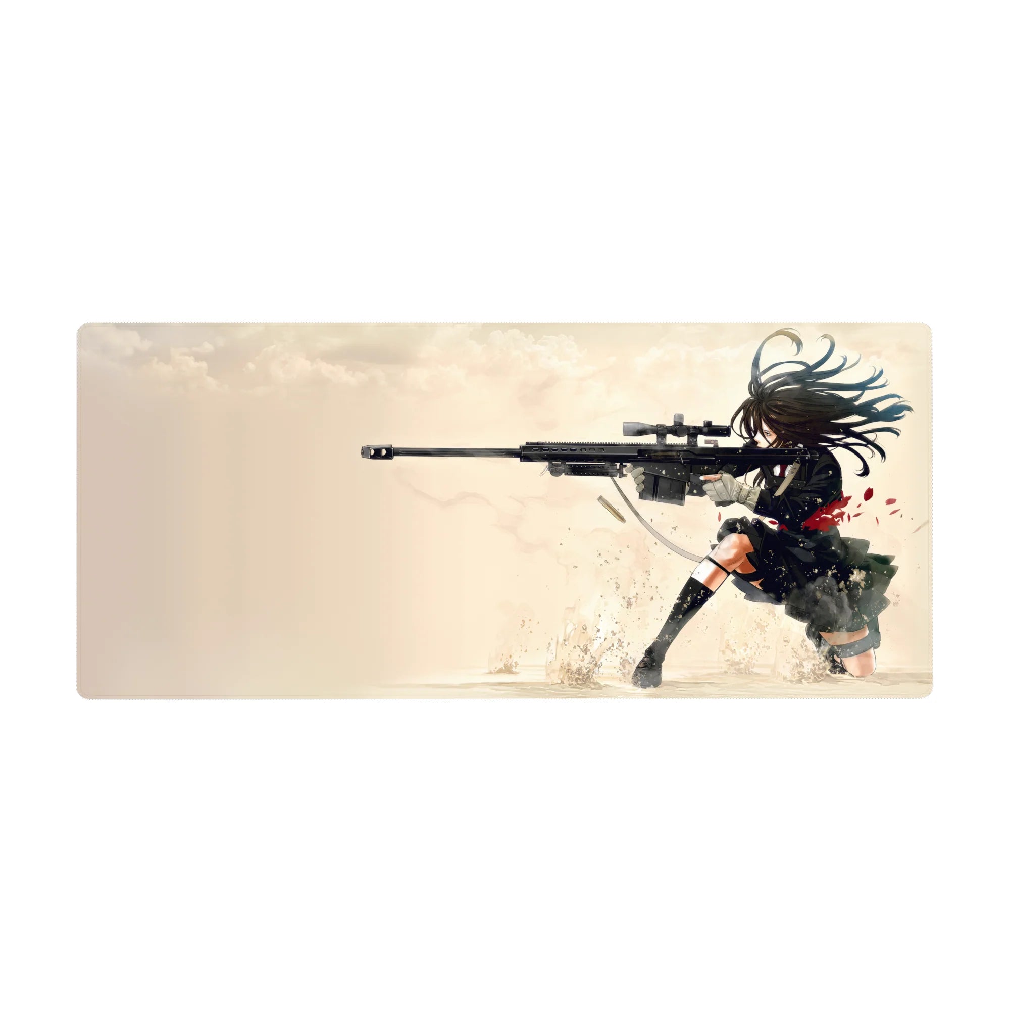 Anime girl sniper desk pad, action illustration with rifle, shells, and splatter details, 36x16 inches.