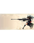 Anime girl sniper desk pad, action illustration with rifle, shells, and splatter details, 36x16 inches.