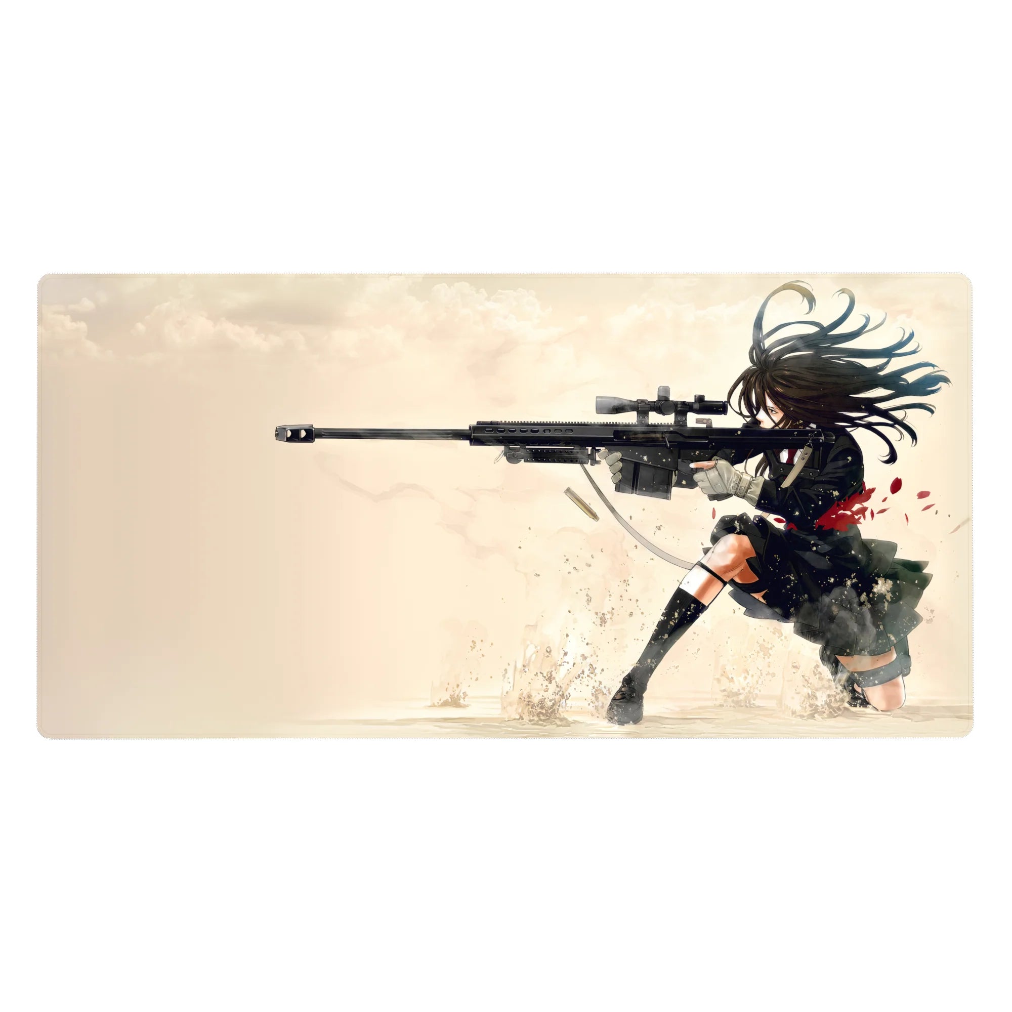 Anime girl sniper desk pad 40x20 inches with black uniform, red tie, long rifle, and action splatter.