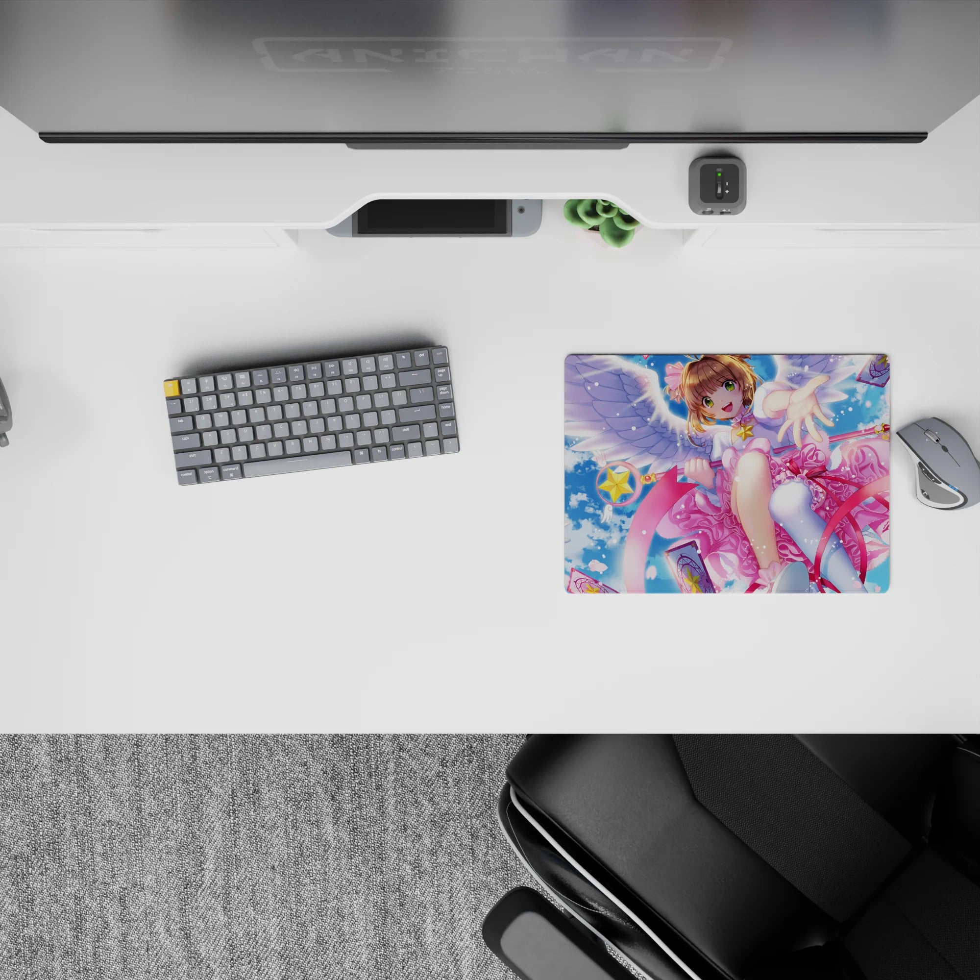 Pastel sky blue and candy pink anime girl mouse pad 14x10 inches with spring confetti vibe.