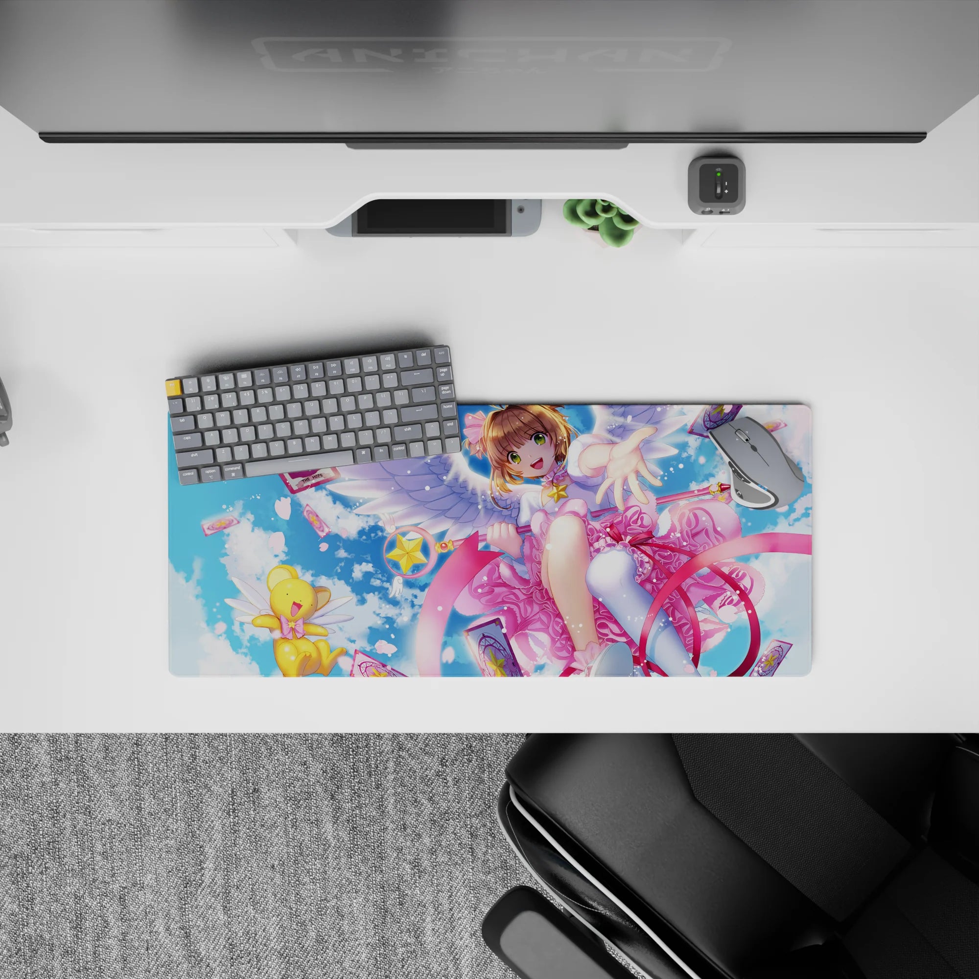 28x12 inches kawaii desk mouse pad in soft sky blues and candy pink frills, spring confetti vibe.