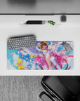 28x12 inches kawaii desk mouse pad in soft sky blues and candy pink frills, spring confetti vibe.