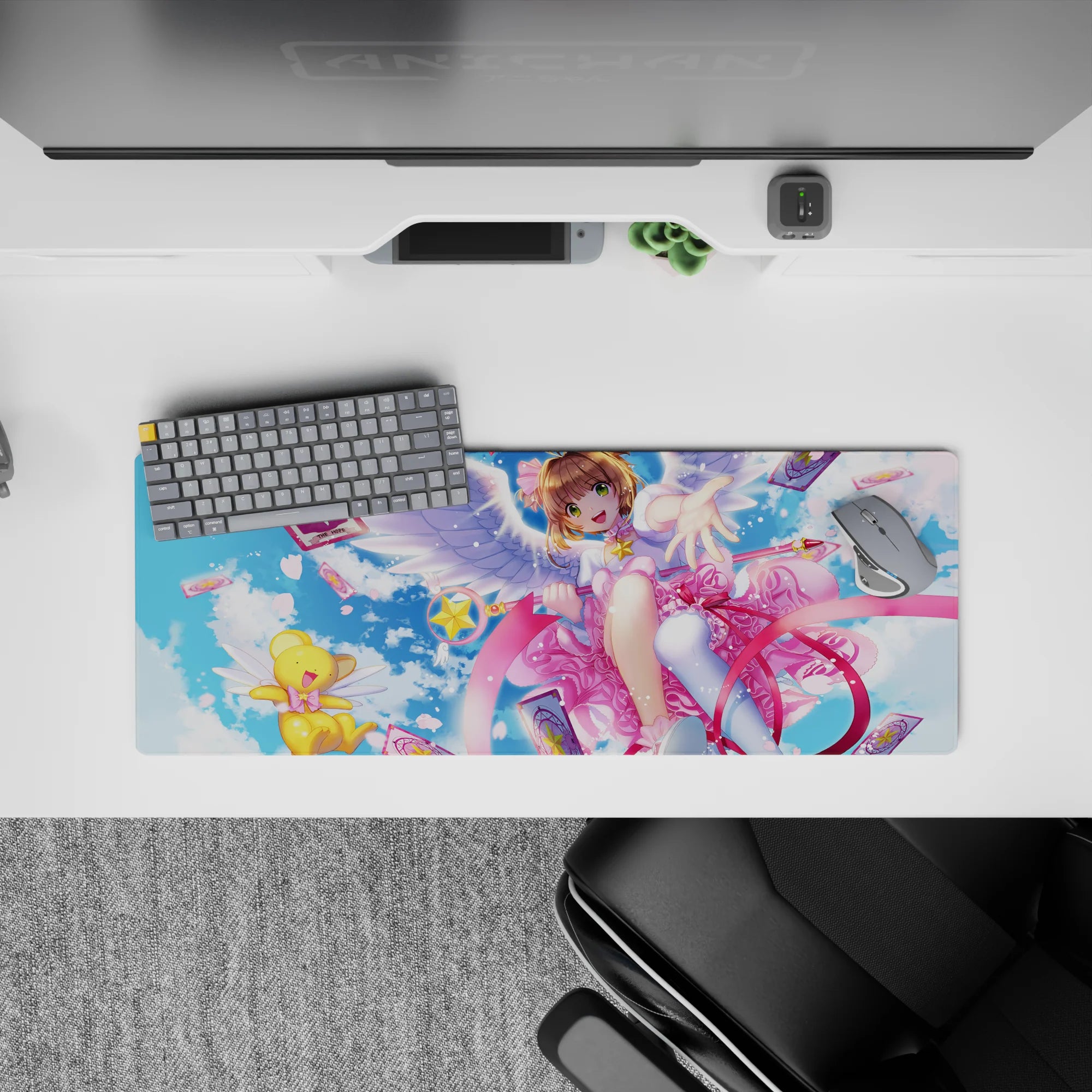 32x12 inches pastel desk mat in sky blue and candy pink, spring confetti feel with glossy magical accents.