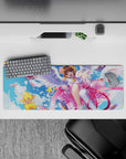 32x12 inches pastel desk mat in sky blue and candy pink, spring confetti feel with glossy magical accents.