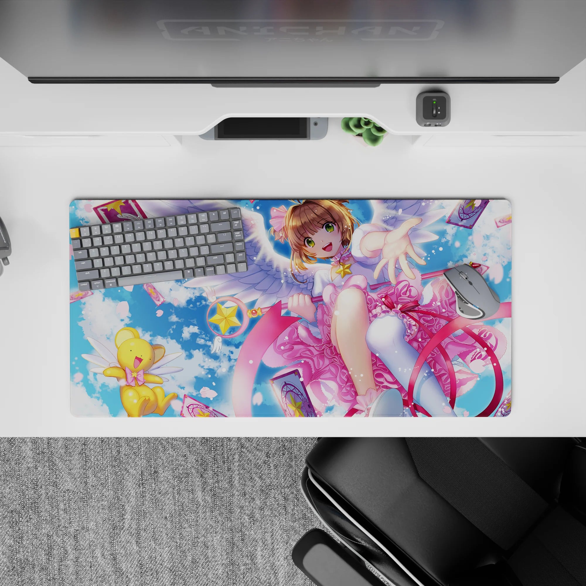 32x16 inches kawaii desk mat in soft sky blue and candy pink, spring confetti vibe, smooth gaming glide.