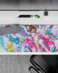 36x16 inches kawaii desk pad in sky blue and candy pink, springy Cardcaptor vibes with cute sparkle.
