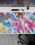 Pastel sky blue and candy pink spring-confetti anime desk pad, glossy accents and cute frills, 40x20 inches.