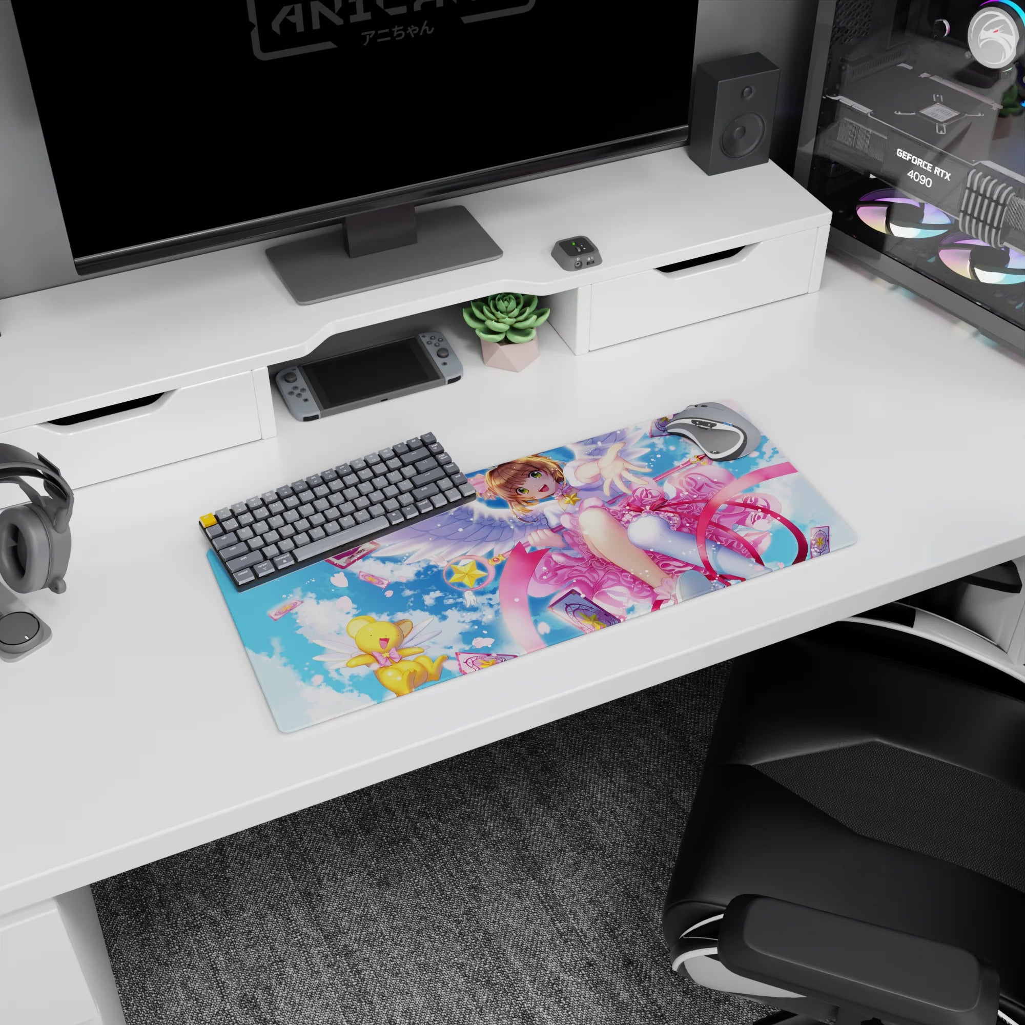 28x12 inches Cardcaptor Sakura mouse pad featuring Sakura Kinomoto and Kero-chan reaching out to play.