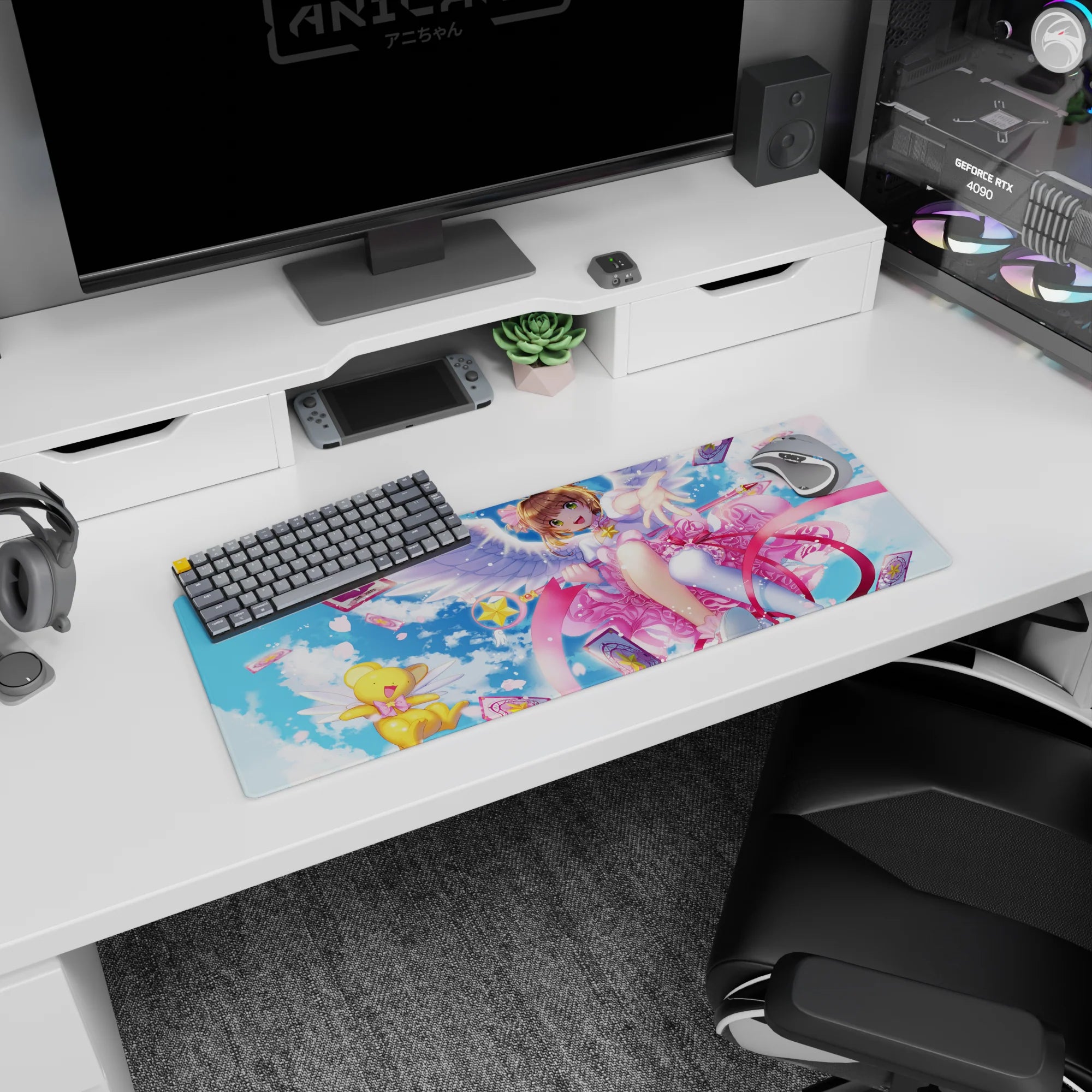 32x12 inches Cardcaptor Sakura mouse pad featuring Sakura Kinomoto and Kero-chan reaching out with cards.