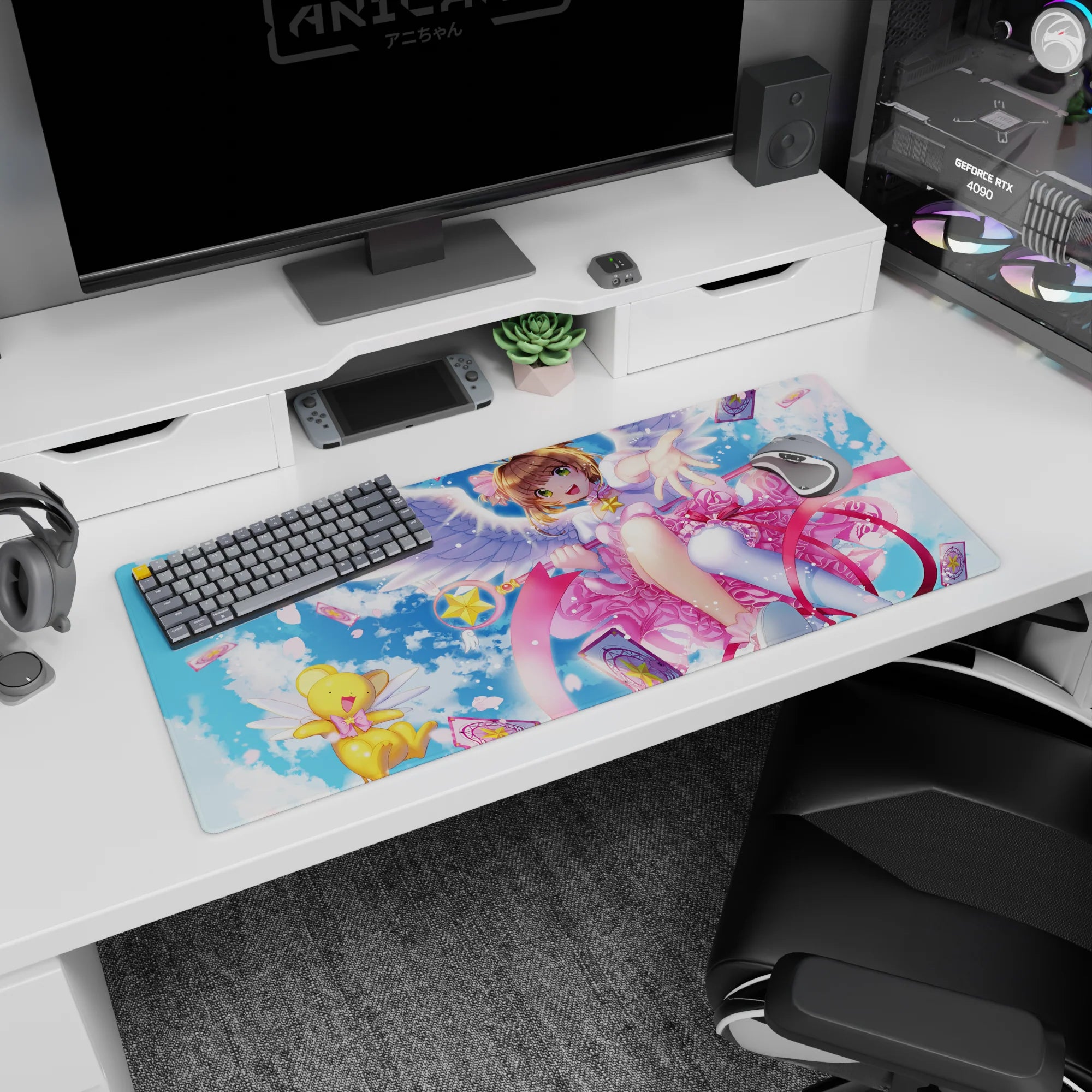 36x16 inches Cardcaptor Sakura desk pad featuring Sakura Kinomoto and Kero-chan reaching out in flight.