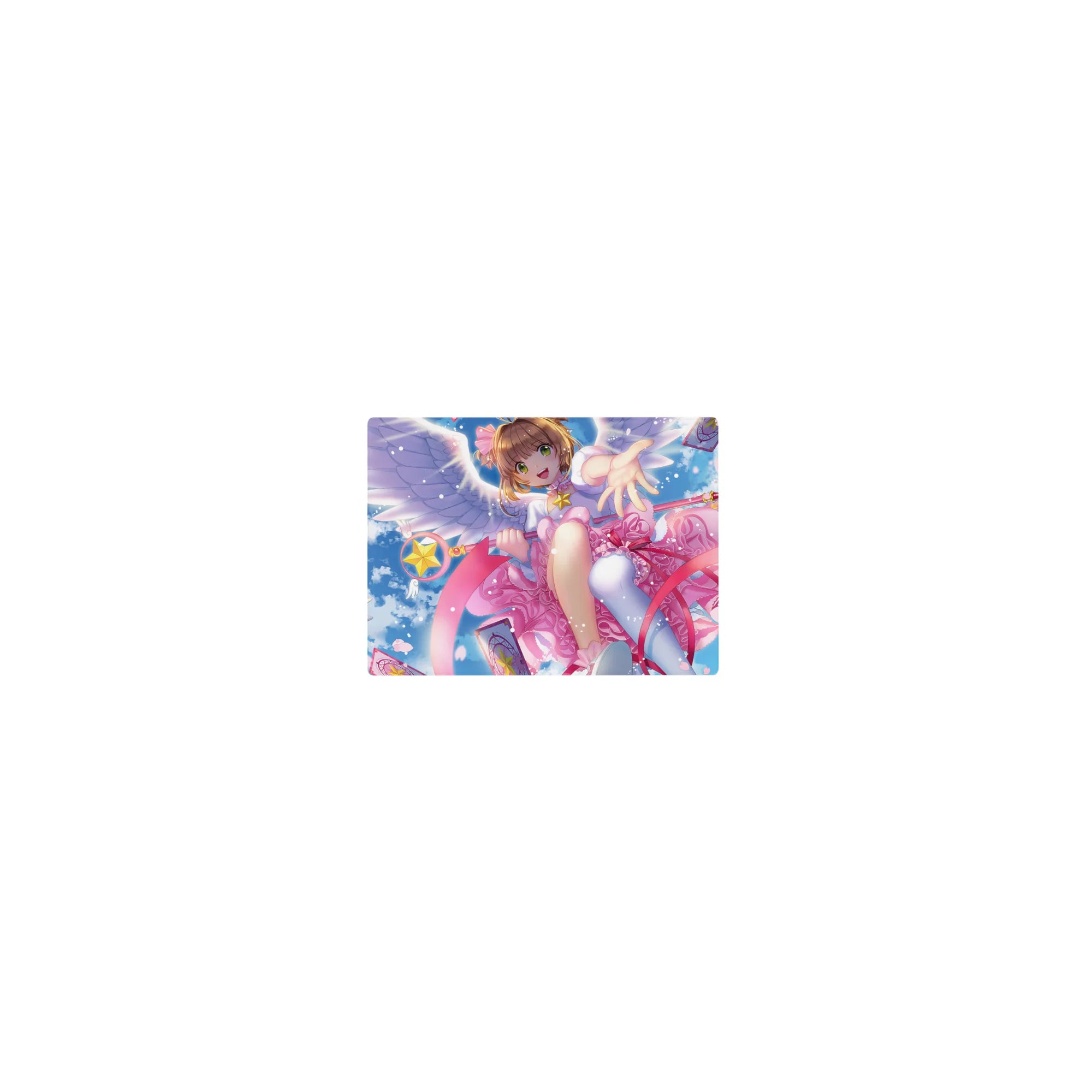 Classic anime girl mouse pad 14x10 inches with winged schoolgirl, star staff, ribbons, and Clow Cards.