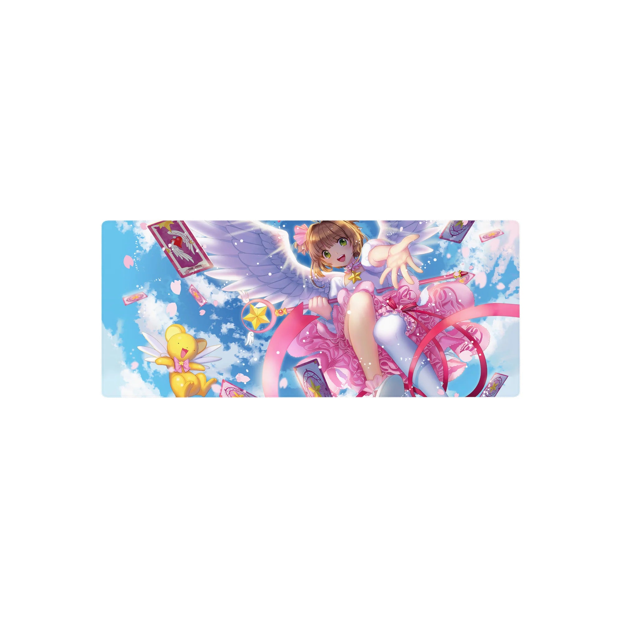 28x12 inches anime girl mouse pad with winged magical girl, ribbon swirls, star staff, and Clow Cards.