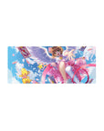 28x12 inches anime girl mouse pad with winged magical girl, ribbon swirls, star staff, and Clow Cards.