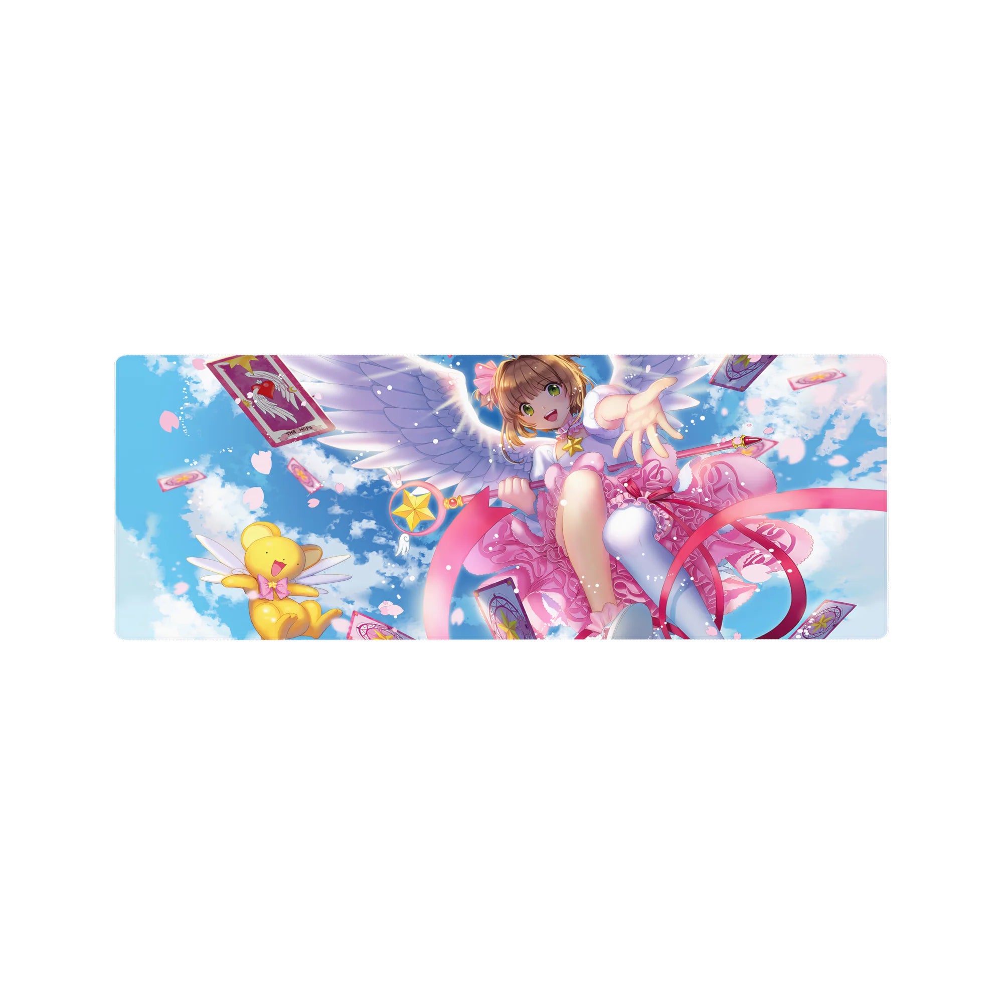 32x12 inches anime girl mouse pad with winged Sakura-style design, ribbons, star staff, and Clow Cards.