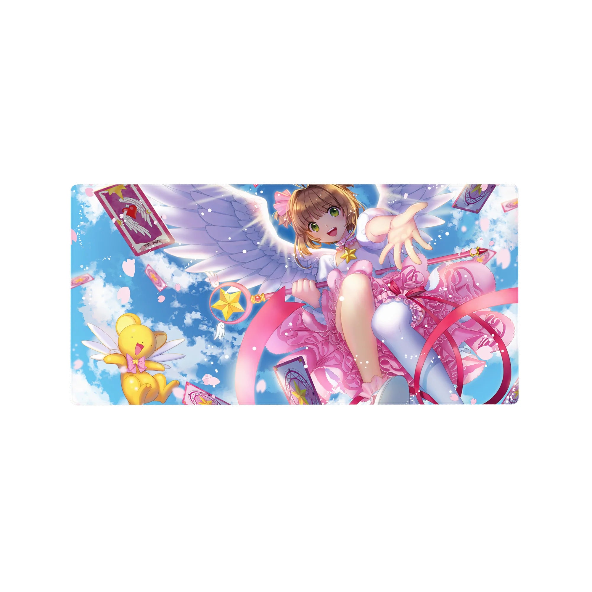 32x16 inches anime girl mouse pad with magical girl wings, ribbon swirls, star staff, and Clow Cards.