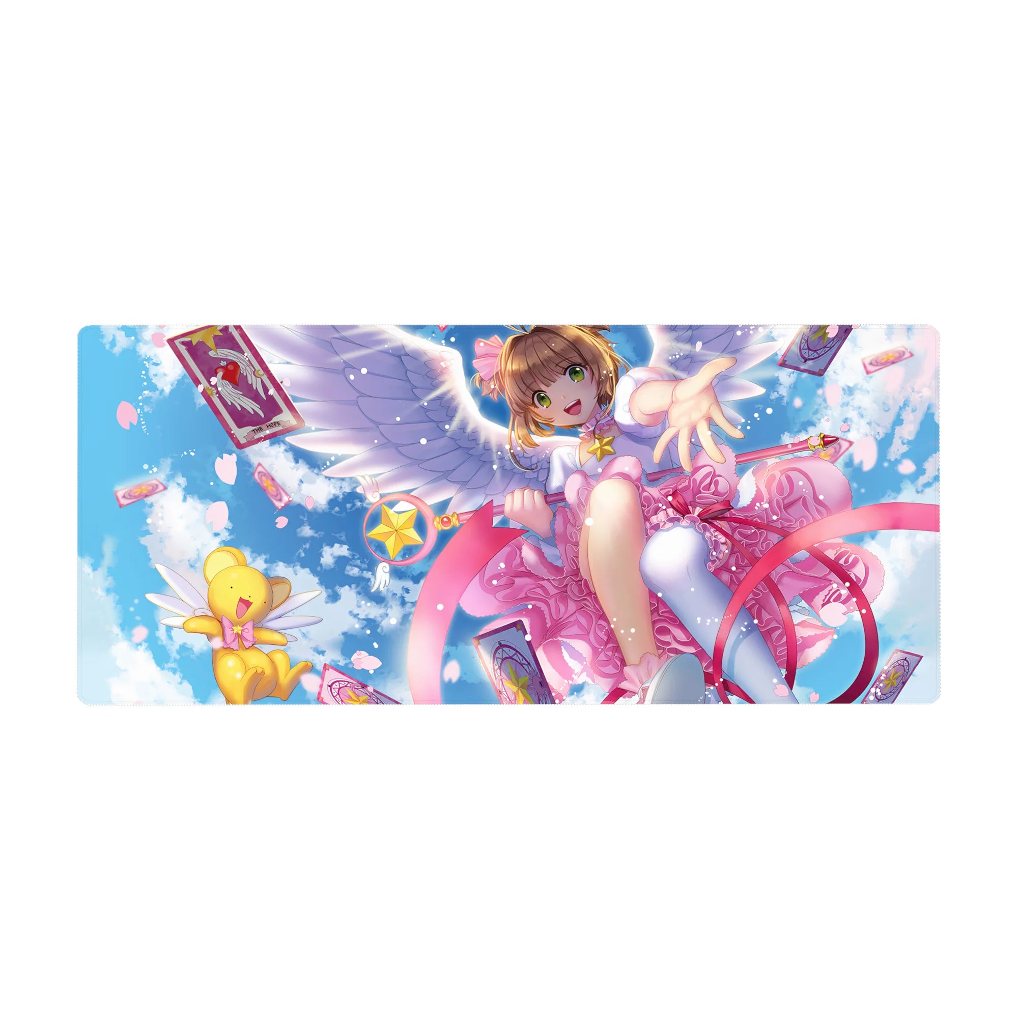 36x16 inches anime girl desk pad with winged magical girl, ribbon swirls, star staff, and Clow Cards.