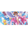 36x16 inches anime girl desk pad with winged magical girl, ribbon swirls, star staff, and Clow Cards.