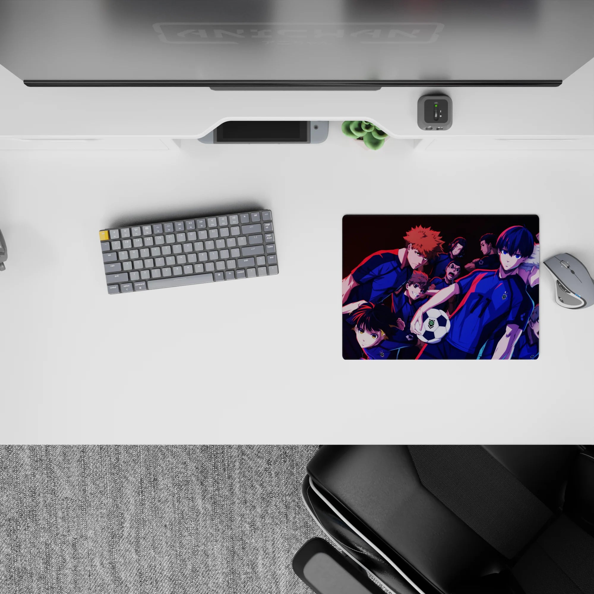 Classic anime mouse pad 14x10 inches in sharp blue with red piping, neon highlights, and deep shadows.