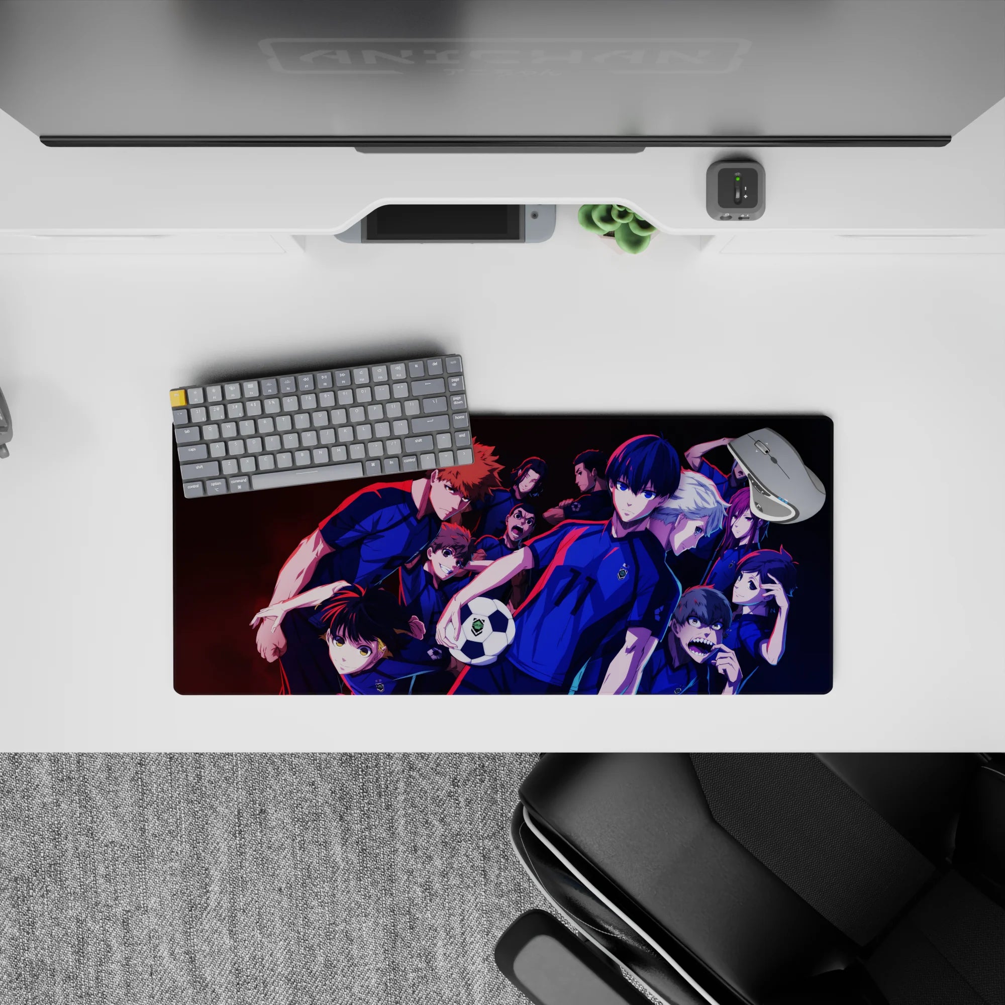 Neon blue and red anime mouse pad 28x12 inches with deep shadows, loud competitive esports vibe.