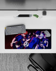 Neon blue and red anime mouse pad 28x12 inches with deep shadows, loud competitive esports vibe.