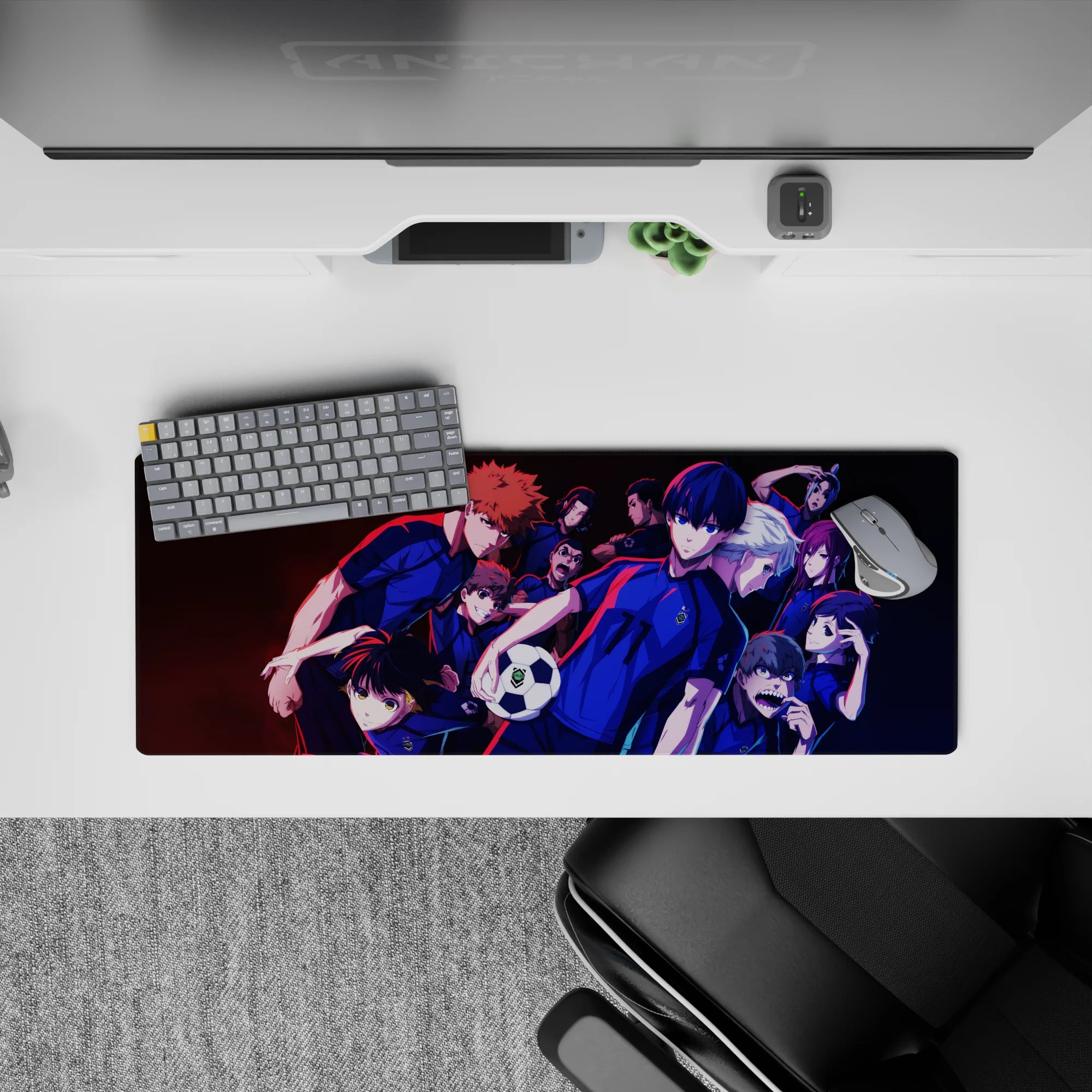Neon blue and red-trimmed anime mouse pad 32x12 inches with deep shadows and competitive vibe.