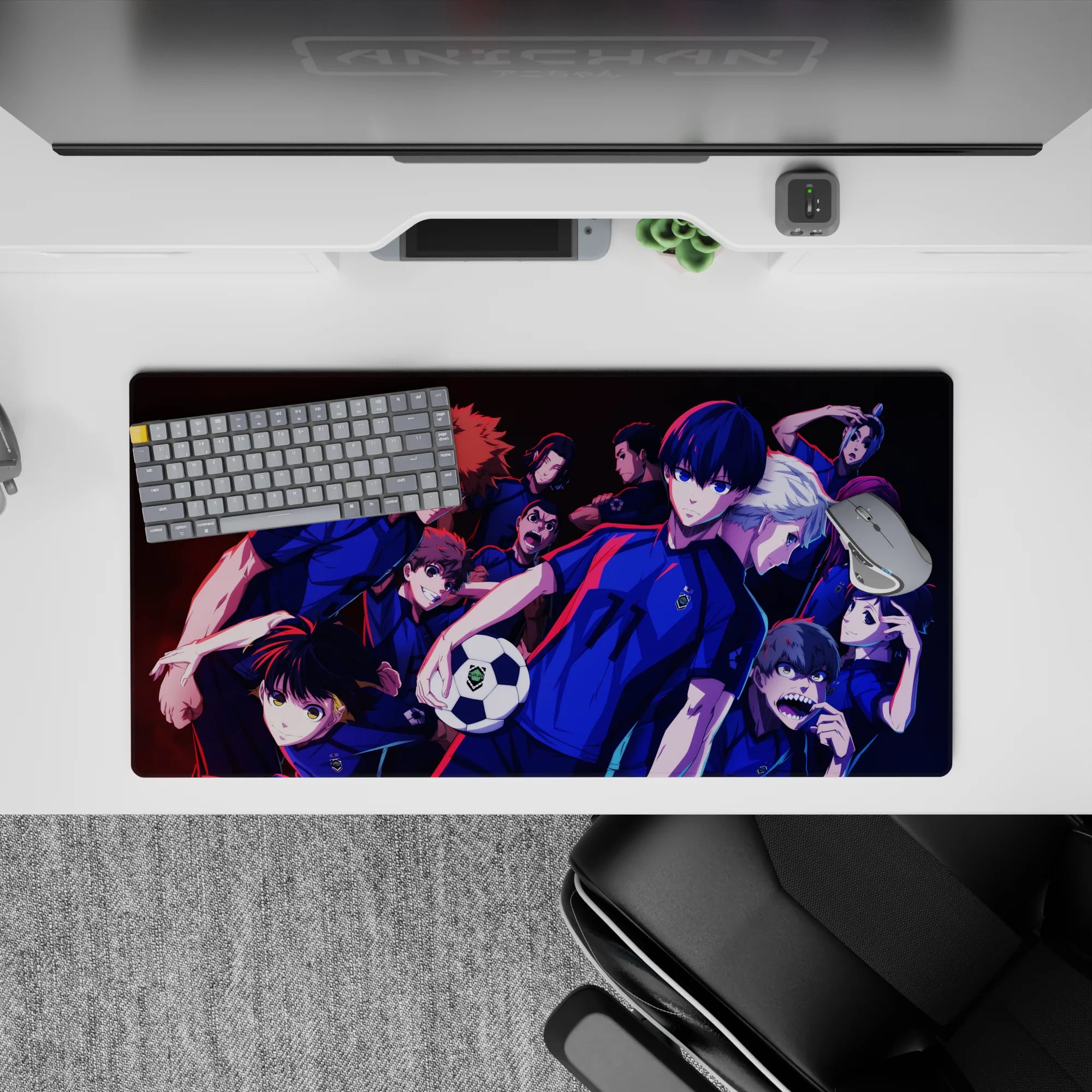 Blue Lock anime mouse pad 32x16 inches in sharp blue with red piping, neon highlights, deep shadows.