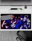 Blue Lock anime mouse pad 32x16 inches in sharp blue with red piping, neon highlights, deep shadows.
