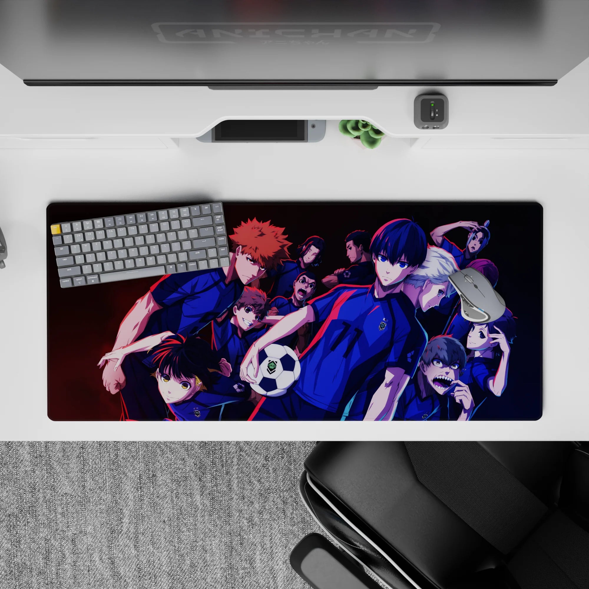 Neon blue and deep shadow anime desk pad 36x16 inches, bold competitive vibe with red accents.
