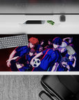 Neon blue and deep shadow anime desk pad 36x16 inches, bold competitive vibe with red accents.