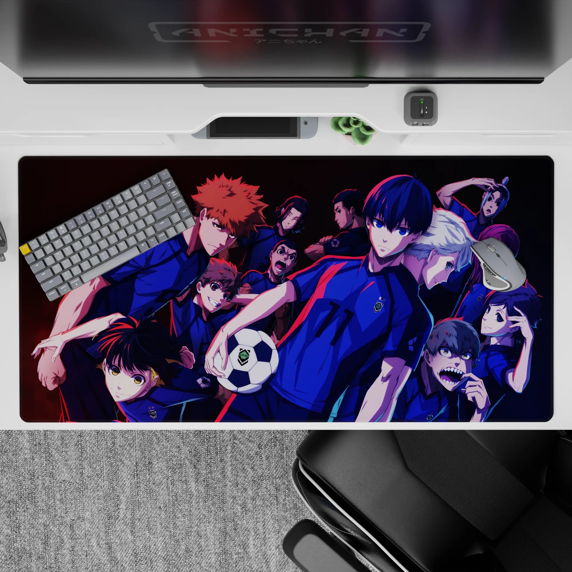 Neon blue and red piping anime desk pad 40x20 inches with deep shadows, loud competitive sports vibe.