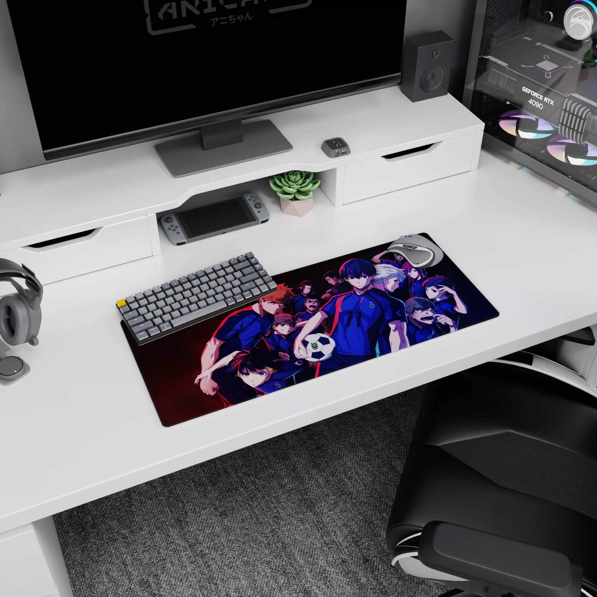 Isagi Yoichi Blue Lock mouse pad 28x12 inches, calm front stance as teammates crowd behind him.