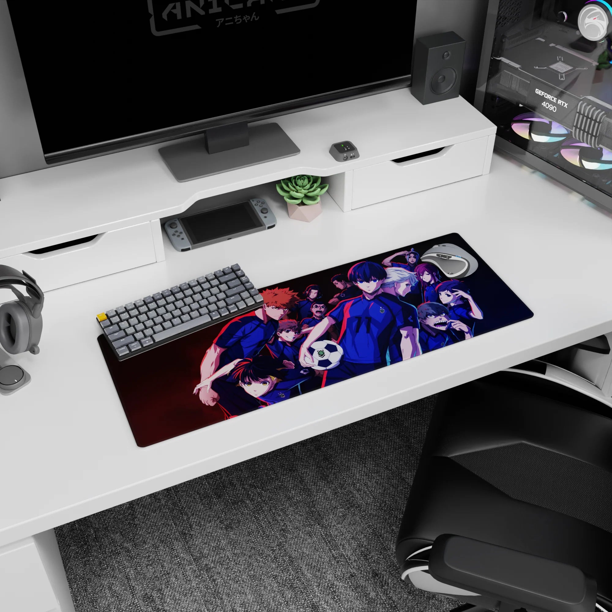 Isagi Yoichi front and center on Blue Lock anime mouse pad 32x12 inches, teammates crowding behind.