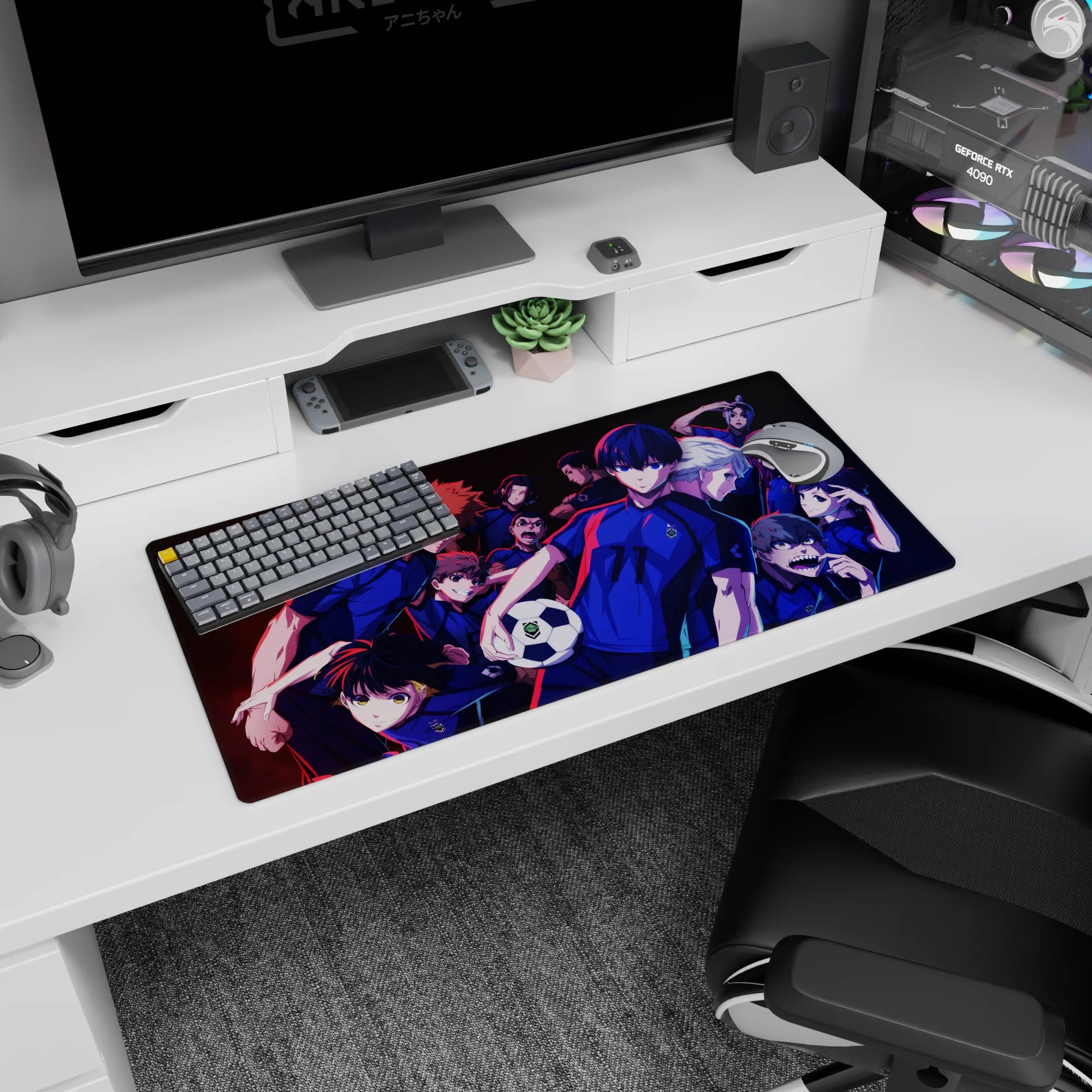 Isagi Yoichi front and center on Blue Lock anime mouse pad 32x16 inches, teammates crowding in.