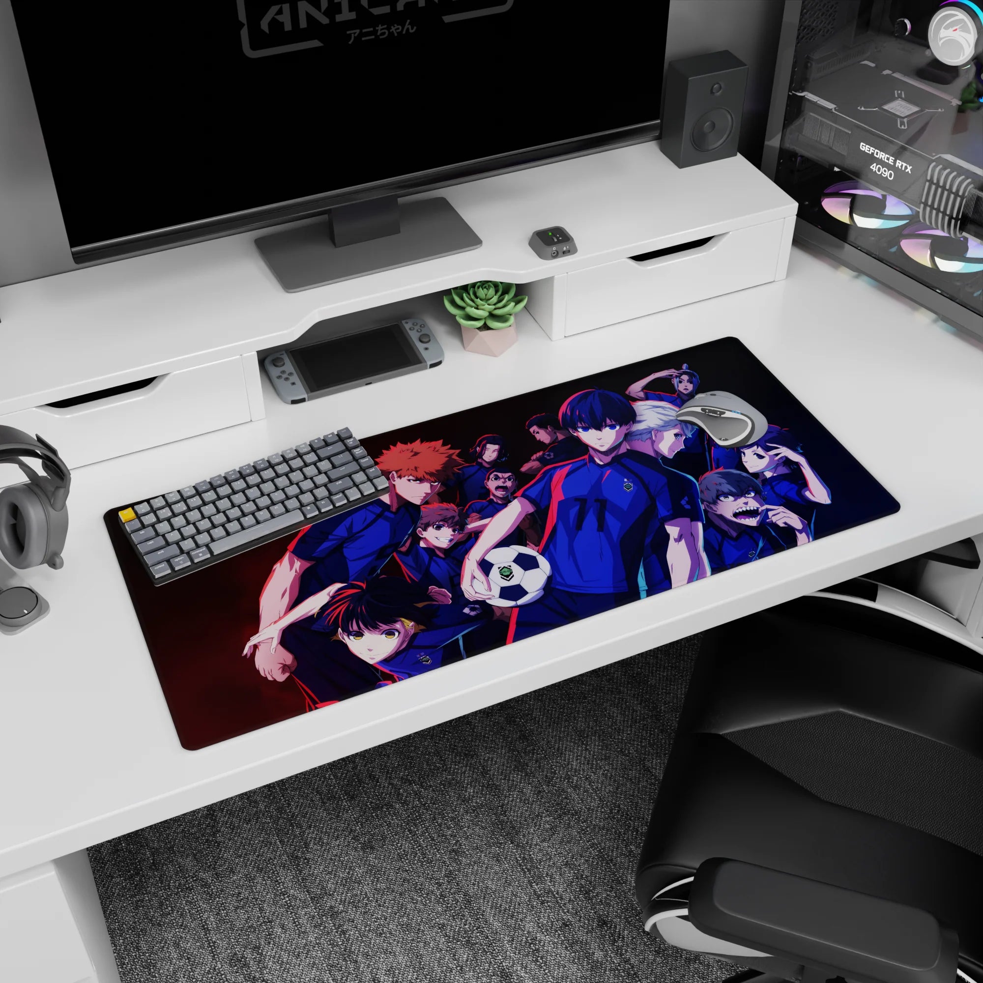 Isagi Yoichi front and center on Blue Lock desk pad 36x16 inches, teammates crowding behind.