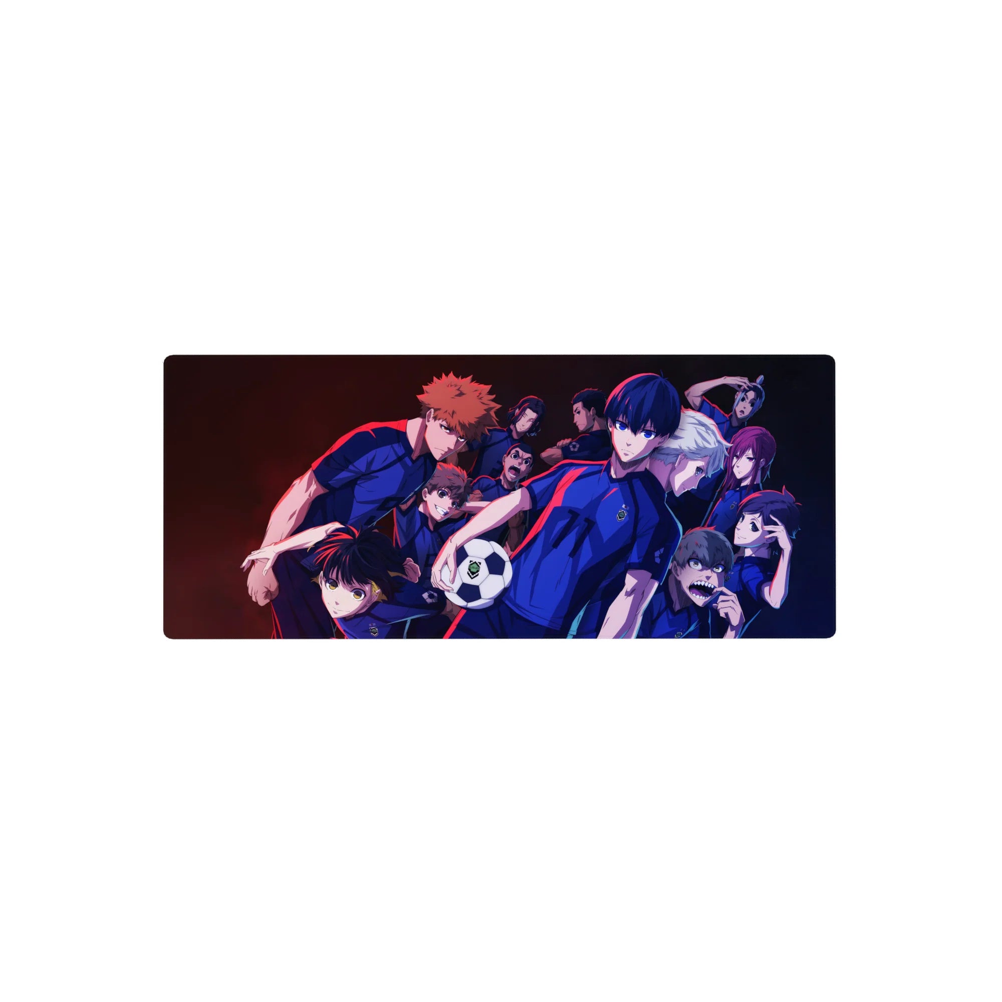 Blue Lock anime mouse pad 28x12 inches with team lineup, blue kits with red piping, soccer ball pose.