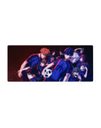 Blue Lock anime mouse pad 28x12 inches with team lineup, blue kits with red piping, soccer ball pose.