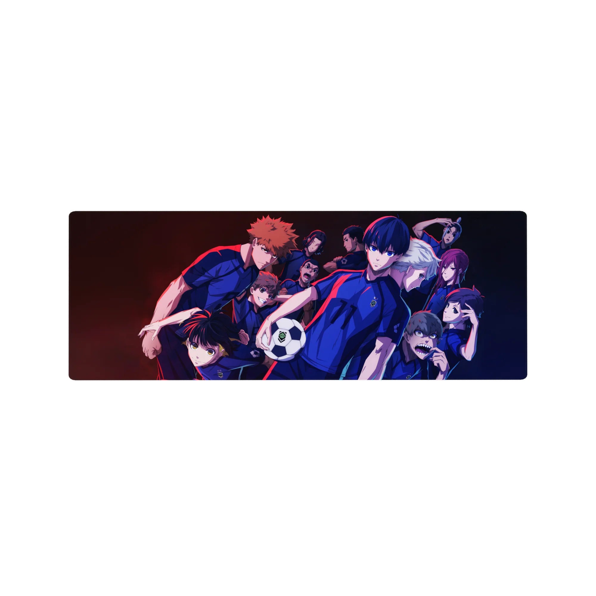 Blue Lock team lineup anime mouse pad 32x12 inches with jerseys, numbers, and soccer ball desk mat.