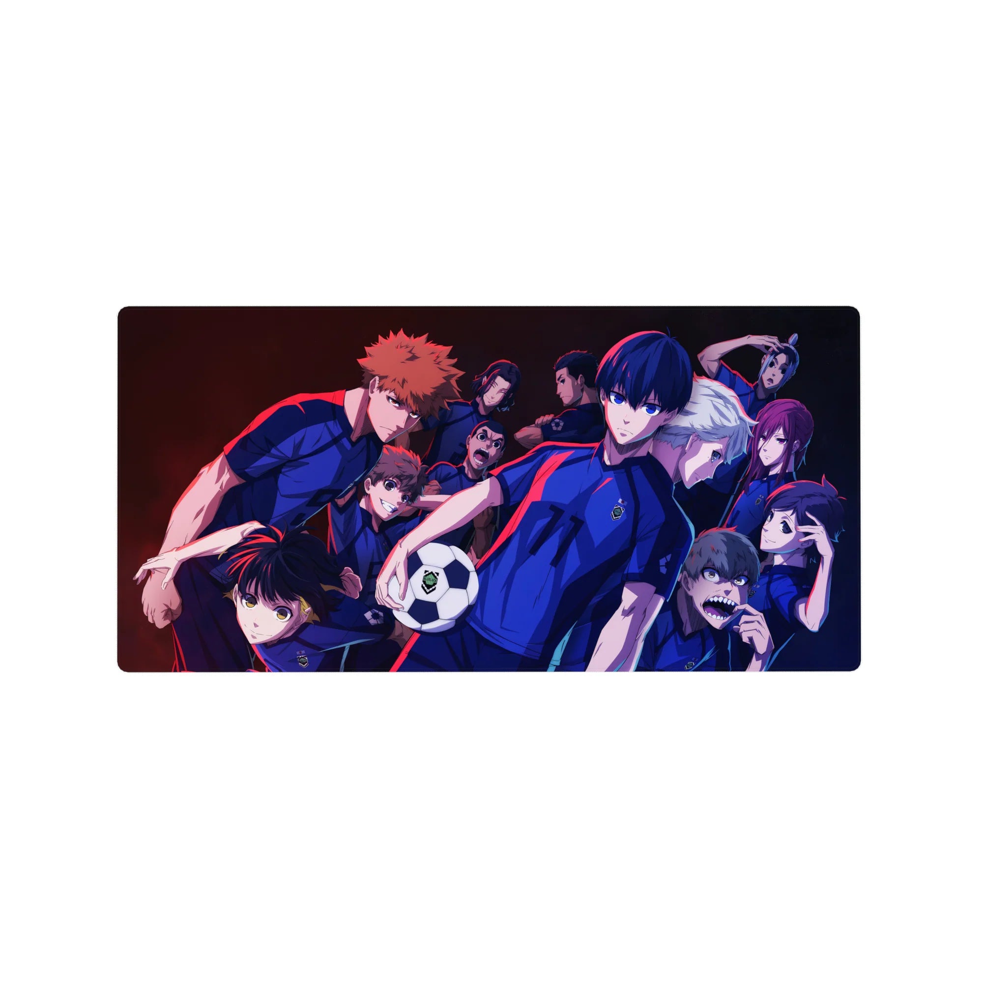 Blue Lock anime mouse pad 32x16 inches with soccer team lineup, jerseys, numbers, and ball.