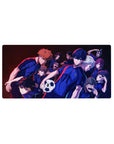 Blue Lock anime mouse pad 32x16 inches with soccer team lineup, jerseys, numbers, and ball.